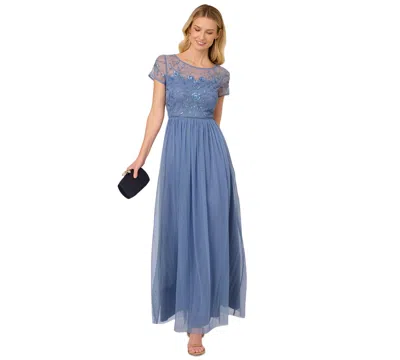 Adrianna Papell Women's Boat-neck Beaded Mesh Dress In French Blue