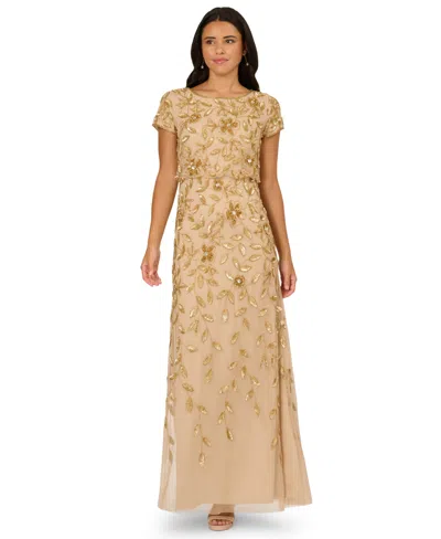Adrianna Papell Women's Boat-neck Blouson Beaded Gown In Gold