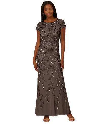 Adrianna Papell Women's Boat-neck Blouson Beaded Gown In Lead