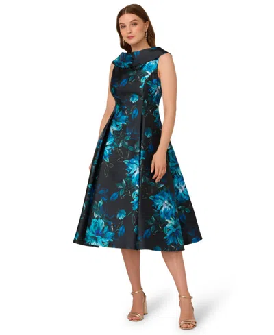 Adrianna Papell Sleeveless Roll Collar Floral Midi Dress In Navy Multi