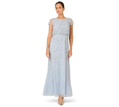 Adrianna Papell Women's Boat-neck Short-sleeve Beaded Blouson Gown In Blue