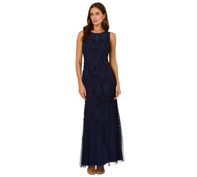 Adrianna Papell Women's Boat-neck Sleeveless Mermaid Gown In Light Navy