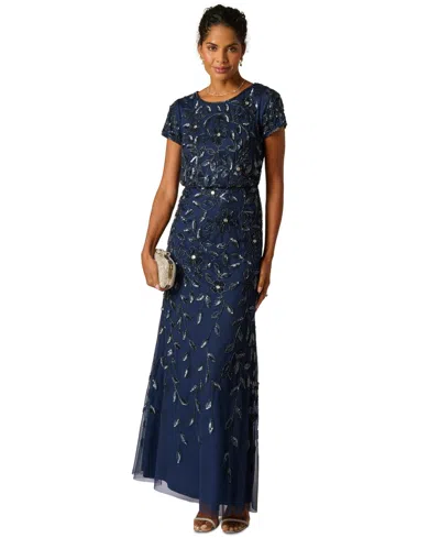 Adrianna Papell Women's Boat-neck Blouson Beaded Gown In Blue