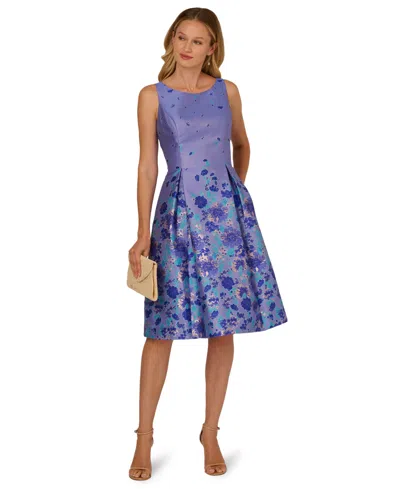 Adrianna Papell Women's Border Jacquard Boat Neck Dress In Blue