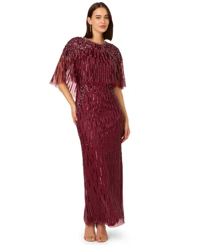 Adrianna Papell Women's Cape Sleeve Beaded Maxi Dress In Burgundy