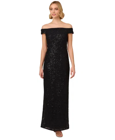 Adrianna Papell Women's Corded Off-the-shoulder Sequin Gown In Midnight