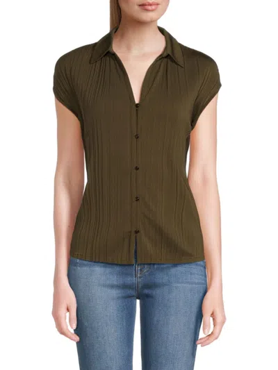 Adrianna Papell Women's Crinkle Boxy Collared Top In Utility Green
