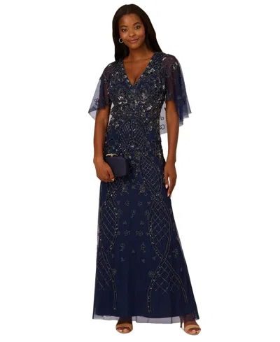 Adrianna Papell Women's Embellished Cape-sleeve Gown In Light Navy