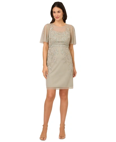 Adrianna Papell Women's Embellished Flutter-sleeve Dress In Frosted Sage