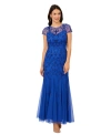 Adrianna Papell Beaded Mesh Illusion Godet Long Dress In Brilliant Sapphire