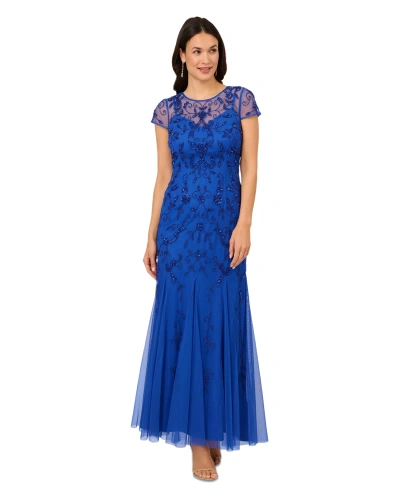 Adrianna Papell Beaded Mesh Illusion Godet Long Dress In Brilliant Sapphire