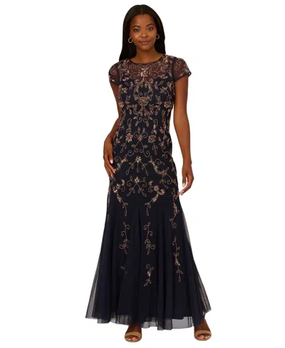 Adrianna Papell Women's Embellished Godet Gown In Navy Rose Gold