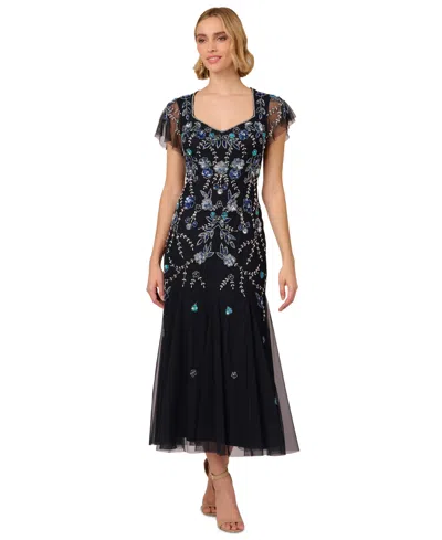 Adrianna Papell Women's Embellished Godet-pleated Dress In Midnight Multi