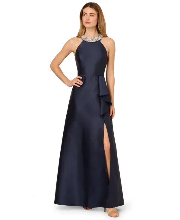 Adrianna Papell Embellished Neck Mikado Gown In Blue | ModeSens