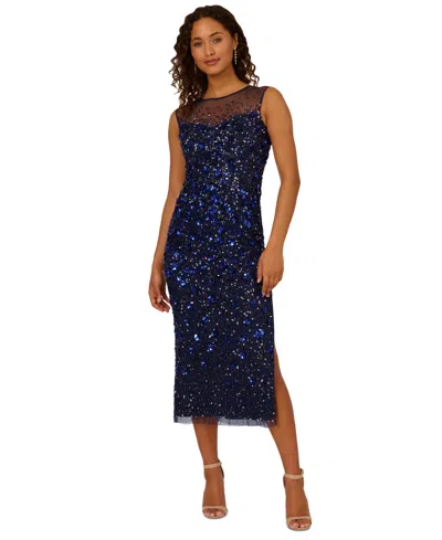 Adrianna Papell Women's Embellished Illusion Sleeveless Dress In Light Navy