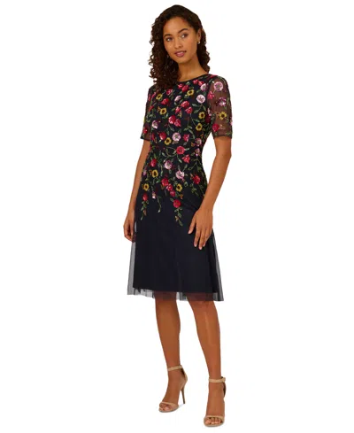 Adrianna Papell Women's Embellished Mesh Midi Dress In Navy Multi