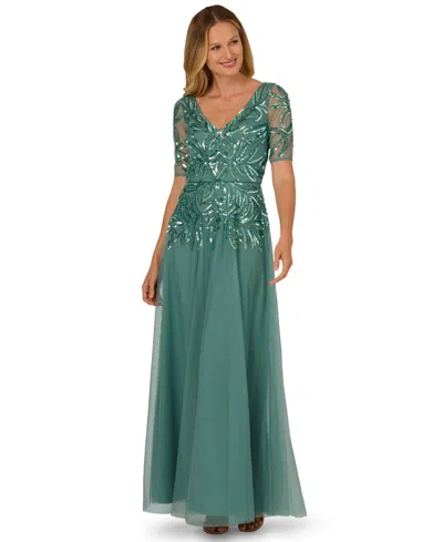 Adrianna Papell Women's Embellished Mesh V-neck Gown In Green