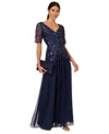Adrianna Papell Women's Embellished Mesh V-neck Gown In Light Navy