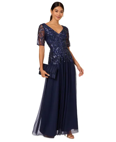 Adrianna Papell Women's Embellished Mesh V-neck Gown In Light Navy