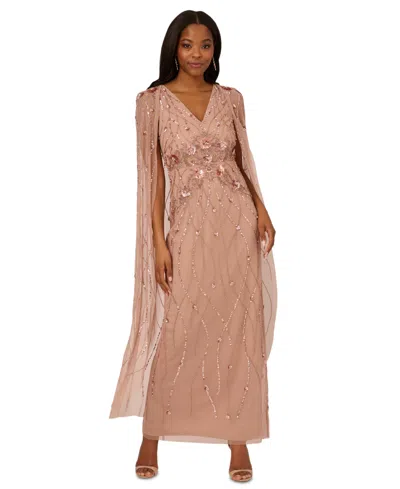 Adrianna Papell Women's Embellished V-neck Cape Gown In Rose Gold
