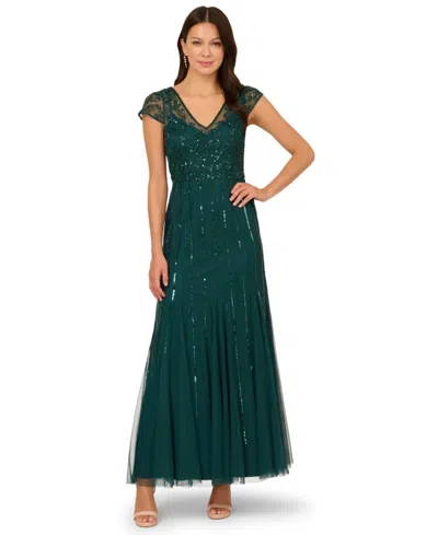 Adrianna Papell Women's Embellished V-neck Godet Gown In Green