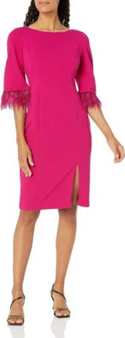 Pre-owned Adrianna Papell Women's Feather Trimmed Crepe Sheath In Rich Magenta