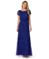 Adrianna Papell Women's Floral Bead Embellished Blouson Short-sleeve Gown In Blue