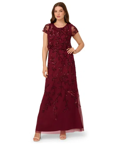 Adrianna Papell Women's Floral Bead Embellished Blouson Short-sleeve Gown In Burgundy