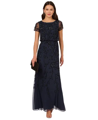 Adrianna Papell Women's Floral Bead Embellished Blouson Short-sleeve Gown In Navy Black