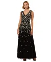 Adrianna Papell Beaded Floral Mesh A-line Gown In Black Multi