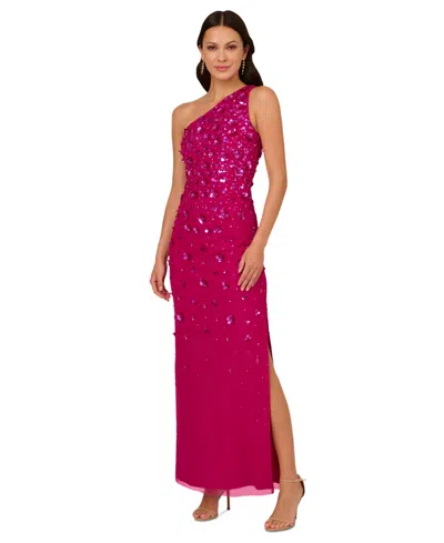 Adrianna Papell Women's Floral-beaded One-shoulder Gown In Hot Orchid