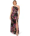 Adrianna Papell Pleated Floral Print One-shoulder Chiffon Gown In Multi