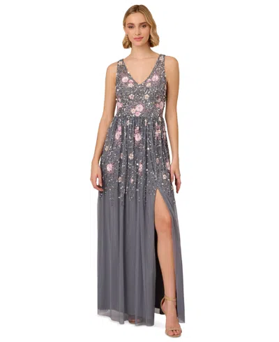 Adrianna Papell Women's Floral Embellished V-neck Gown In Dusty Blue
