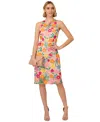 Adrianna Papell Floral Embroidered A-line Midi Dress In Pink,yellow
