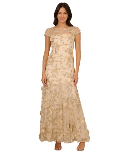 Adrianna Papell Women's Floral-embroidered Godet Pleat Gown In Champagne