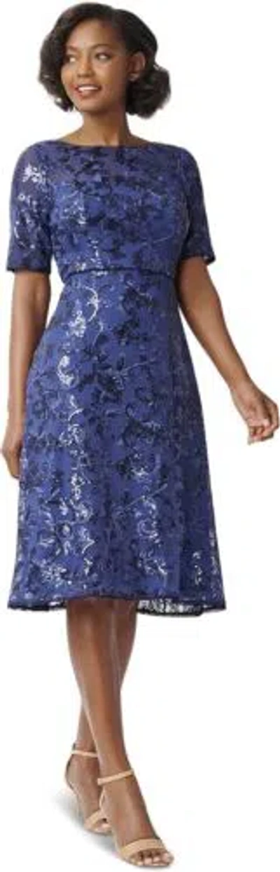 Pre-owned Adrianna Papell Women's Floral Embroidery Dress In Navy