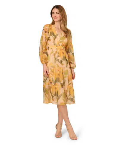 Adrianna Papell Women's Floral Organza Midi Dress In Orange