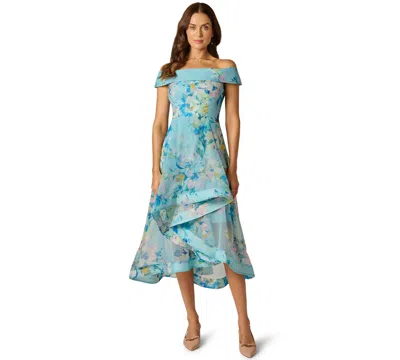 Adrianna Papell Off Shoulder Floral Organza High Low Midi Dress In Blue Multi