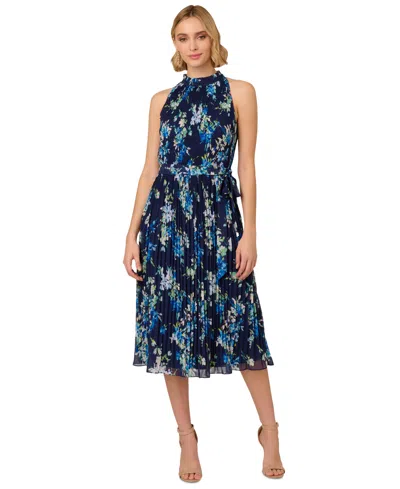 Adrianna Papell Women's Floral Pleated Chiffon Dress In Navy Multi