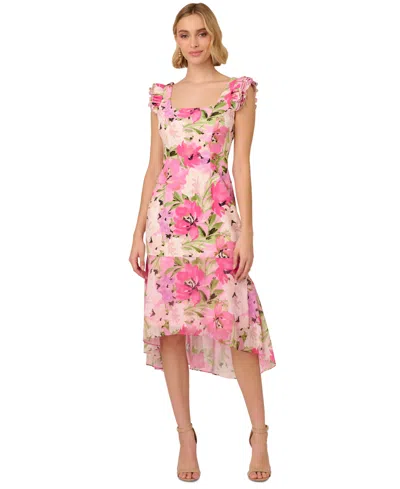 Adrianna Papell Women's Floral-print High-low Midi Dress In Pink Multi
