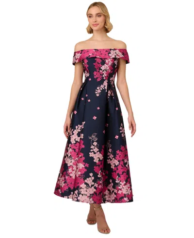 Adrianna Papell Floral Off The Shoulder Jacquard Gown In Navy Pink Multi