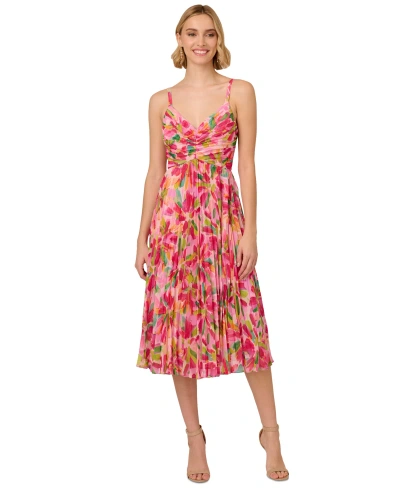 Adrianna Papell Women's Floral-print Pleated Midi Dress In Pink,green Multi