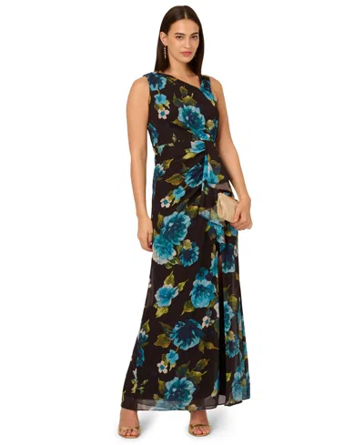 Adrianna Papell Women's Floral-print Ruffled Gown In Blue