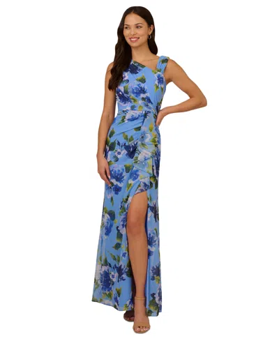Adrianna Papell Women's Floral-print Ruffled Gown In Blue Multi