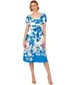 Adrianna Papell Women's Floral-print Square-neck A-line Dress In Blue