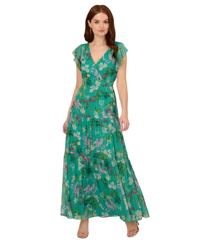 Adrianna Papell Women's Floral-print Surplice-neck Tiered Gown In Green Multi