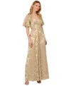 Adrianna Papell Petite Surplice-neck Foil Leaf Draped Gown In Champagne Gold