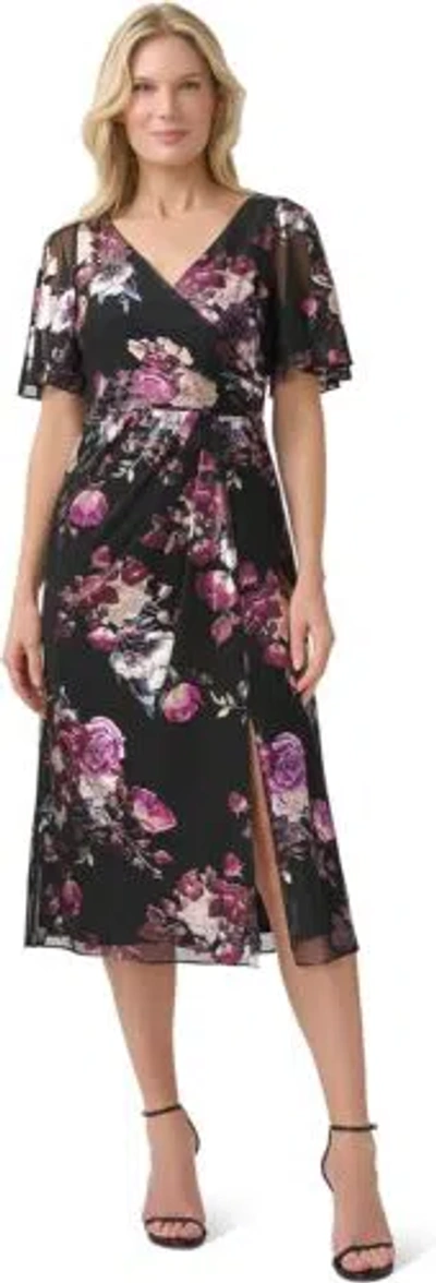 Pre-owned Adrianna Papell Women's Foil Mesh Draped Dress In Black Multi