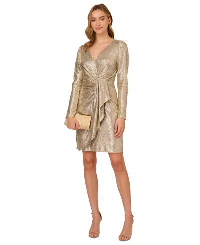 Adrianna Papell Women's Foiled Long-sleeve Dress In Light Gold