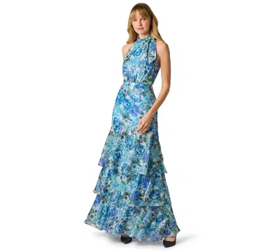 Tiered Metallic Floral Chiffon Halter Gown In Blue Multi from Adrianna Papell